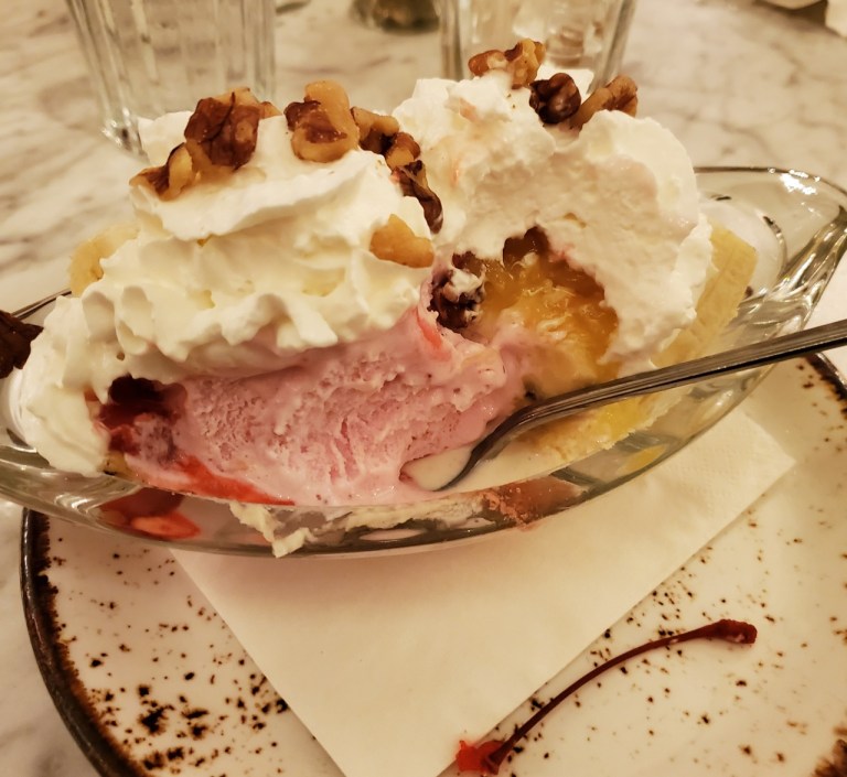 Banana split at Plaza Restaurant on Main Street