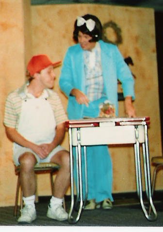 Brian Burchette as Jody Bumiller and David Wahr as Bertha Bumiller in the Monroe Community Players 1989 production of "Greater Tuna"